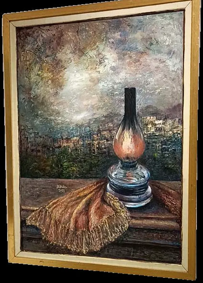 Painting of an antique oil lamp and draped fabric