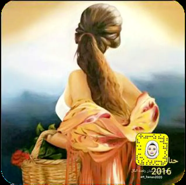 Painting of a woman in yellow and orange surrounded by nature