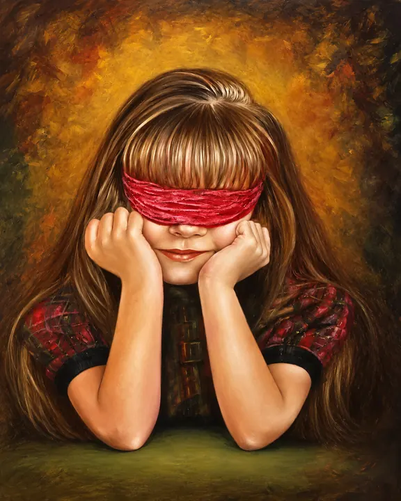 Portrait of a girl resting her face in her hands, eyes covered by a red blindfold