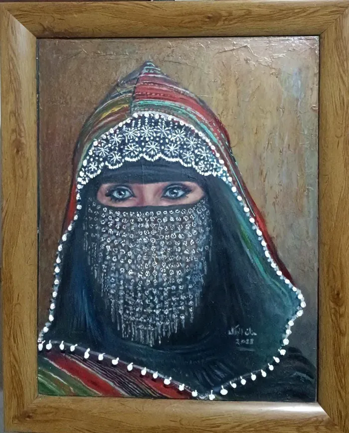 Painted portrait of a woman wearing ornate traditional headwear