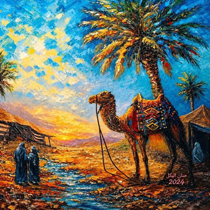 لوحة جمل مزين تحت نخلة كبيرة وسط مشهد صحراوي وسماء زرقاء