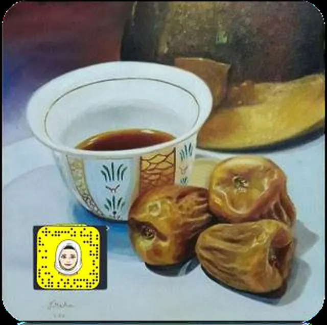 Still-life painting of a hot beverage and dates