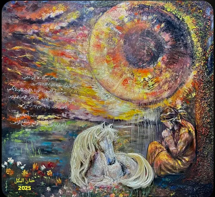 Abstract painting with a white horse, seated figure and luminous circular composition
