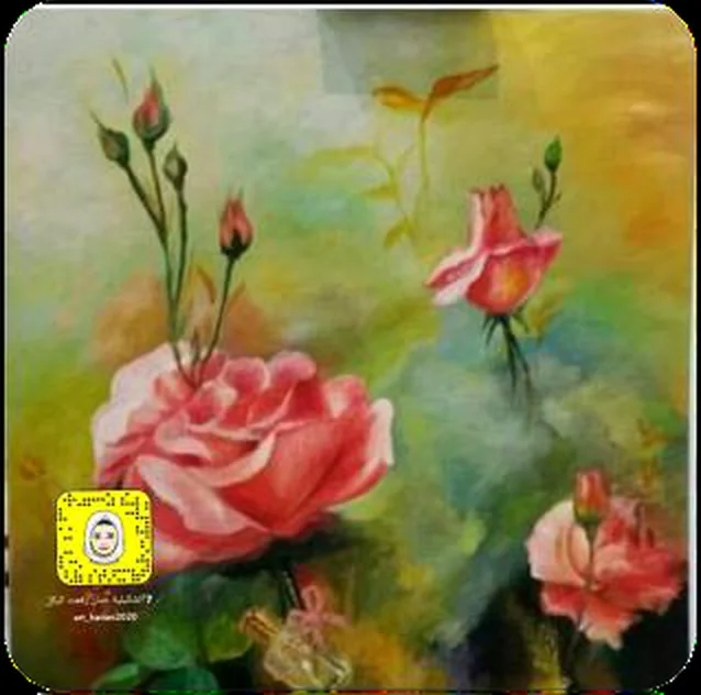 Painting of pink flowers on a green background